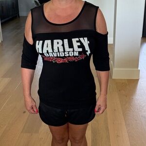 Ladies Harley Davidson Long Sleeve Cold Shoulder Top Size Small Black and Bling
